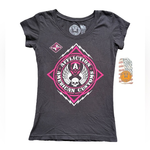 NWT Affliction Woman’s Mass Power Black & Pink Biker Short Sleeve Shirt - Picture 1 of 6